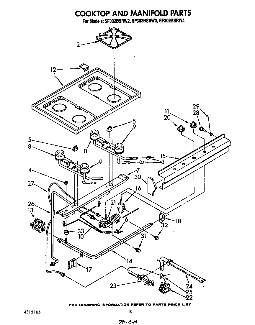 Whirlpool SF302BSRW2 cooktop and manifold diagram