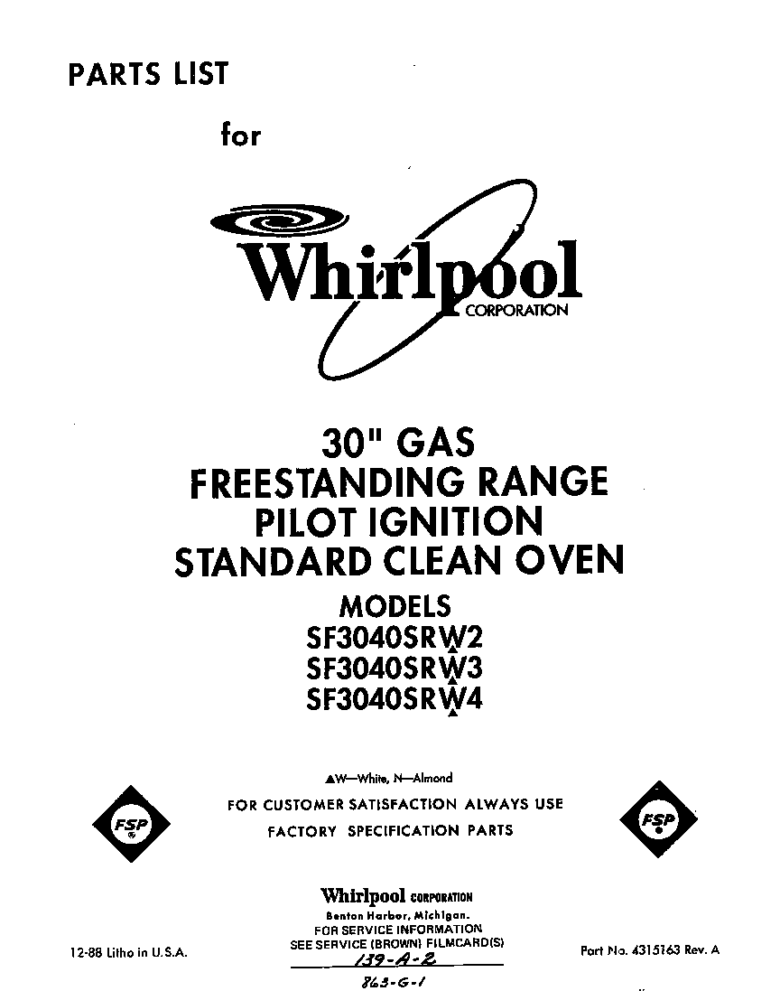 Whirlpool SF3040SRW3 front cover diagram