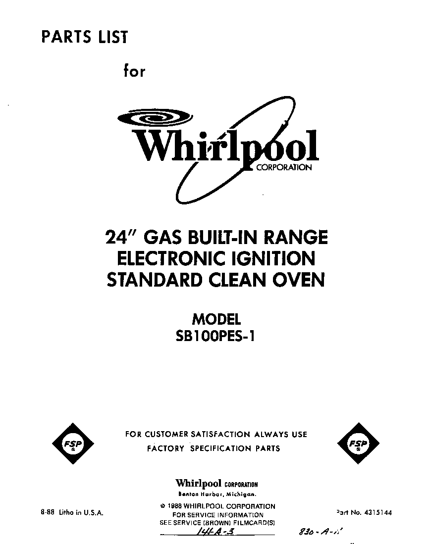 Whirlpool SB100PES1 front cover diagram