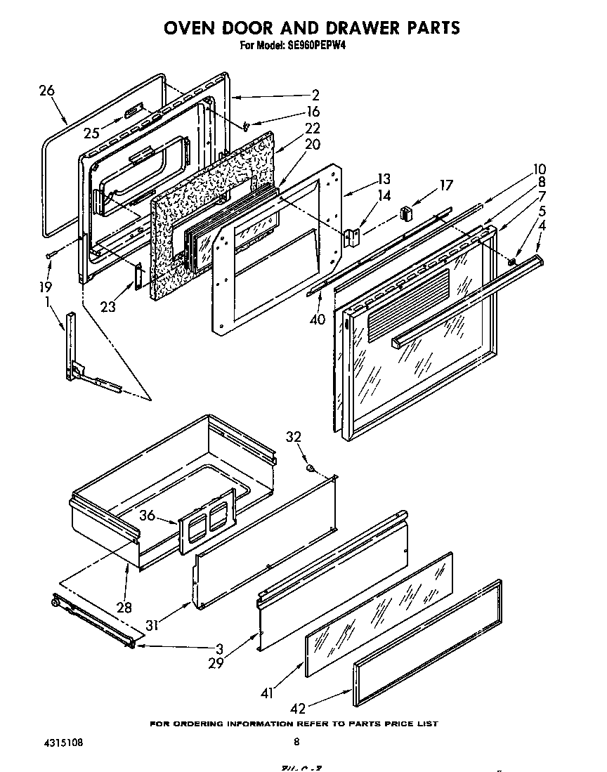 Whirlpool SE960PEPW4 oven door and drawer diagram