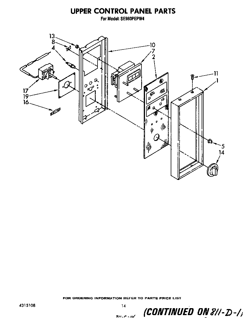 Whirlpool SE960PEPW4 upper control panel diagram