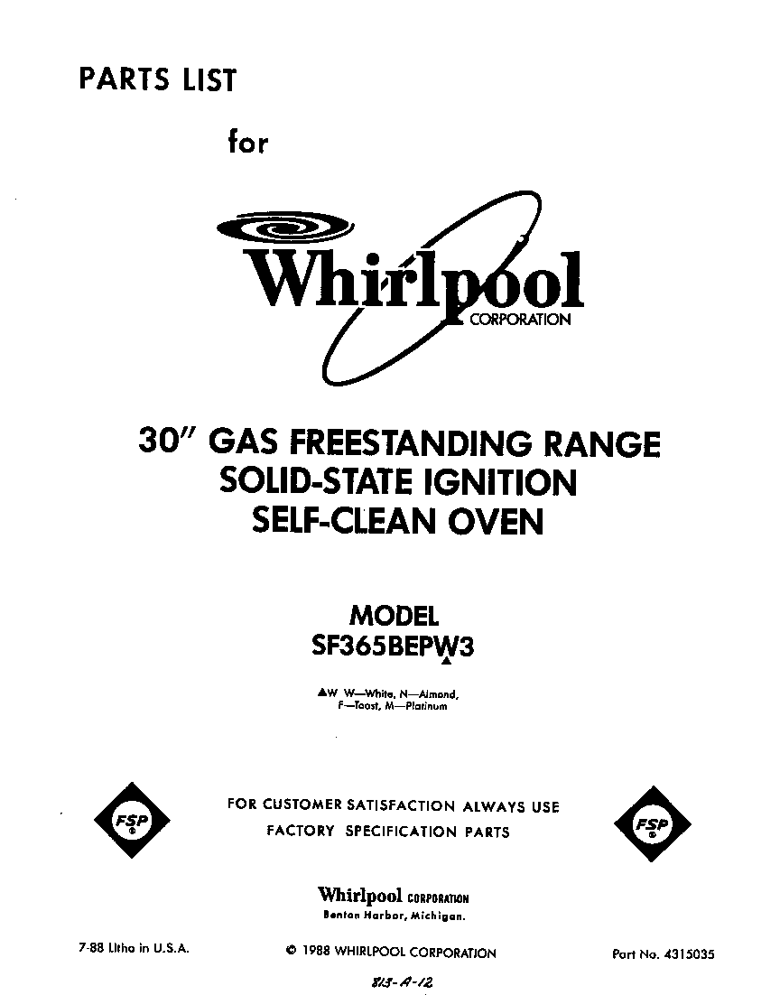 Whirlpool SF365BEPW3 front cover diagram