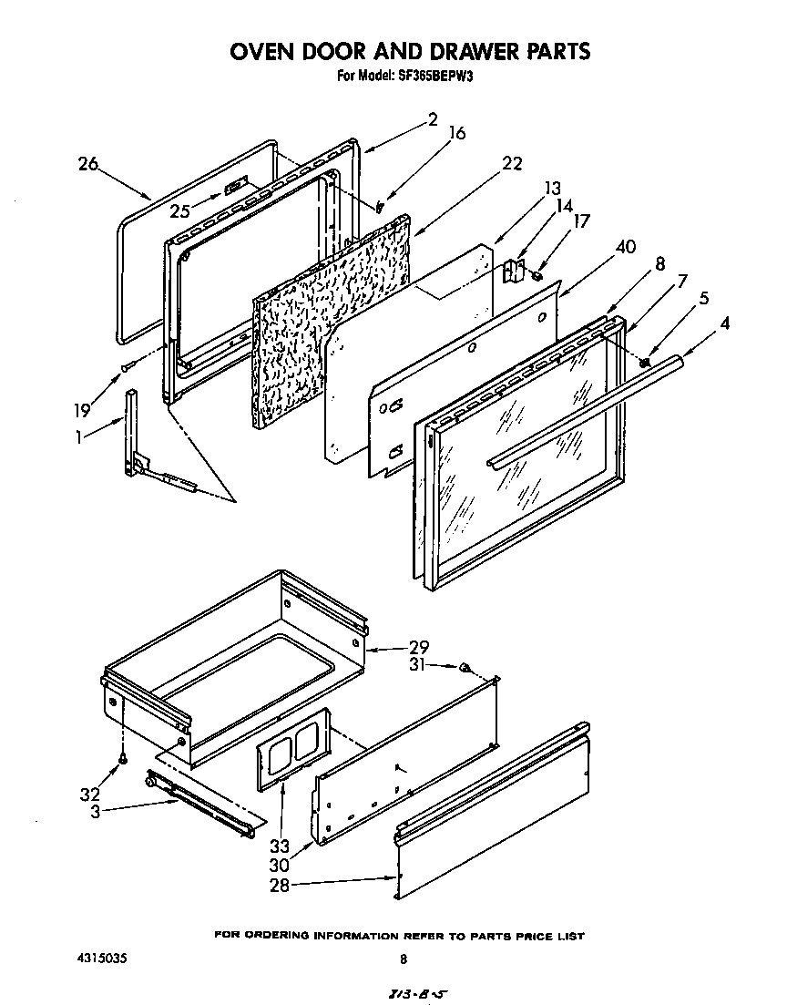 Whirlpool SF365BEPW3 oven door and drawer diagram