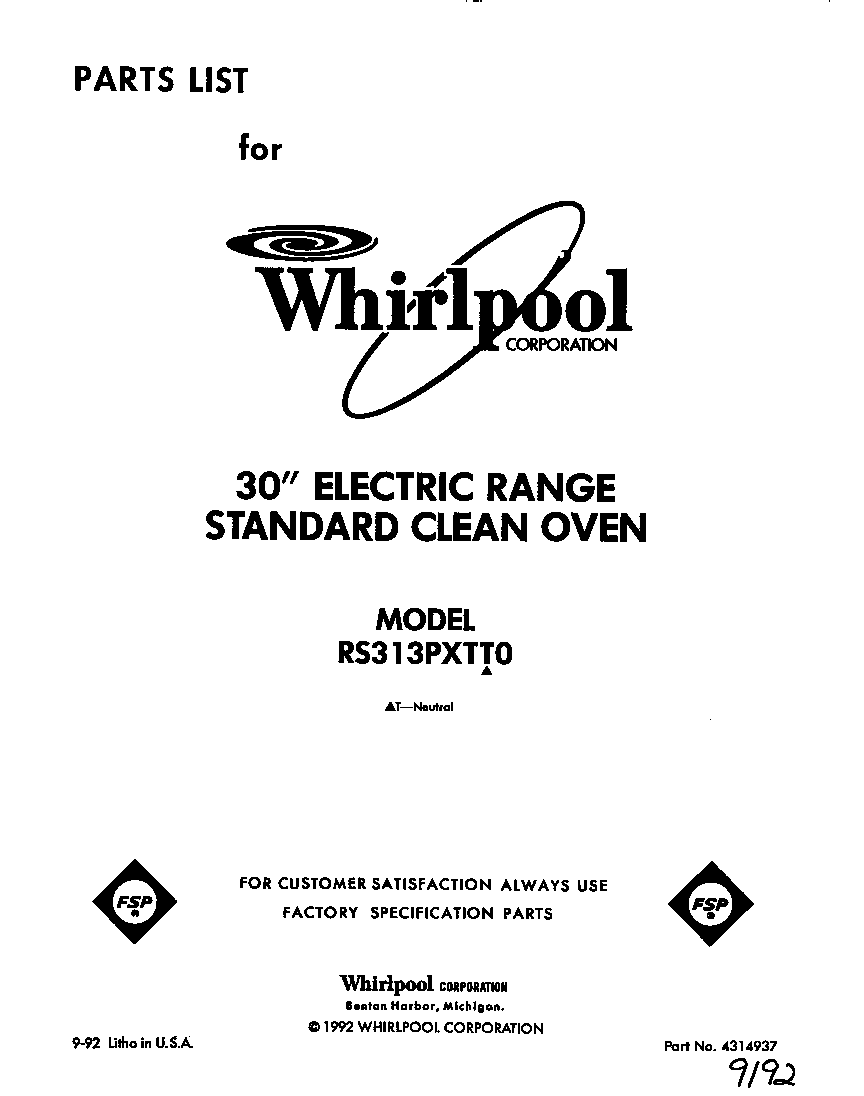 Whirlpool RS313PXTT0 front cover diagram