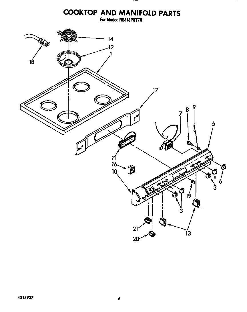 Whirlpool RS313PXTT0 cooktop and manifold diagram