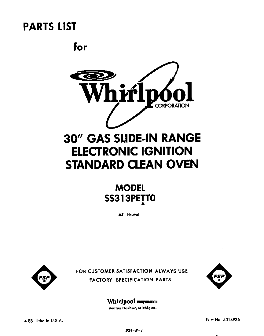 Whirlpool SS313PETT0 front cover diagram