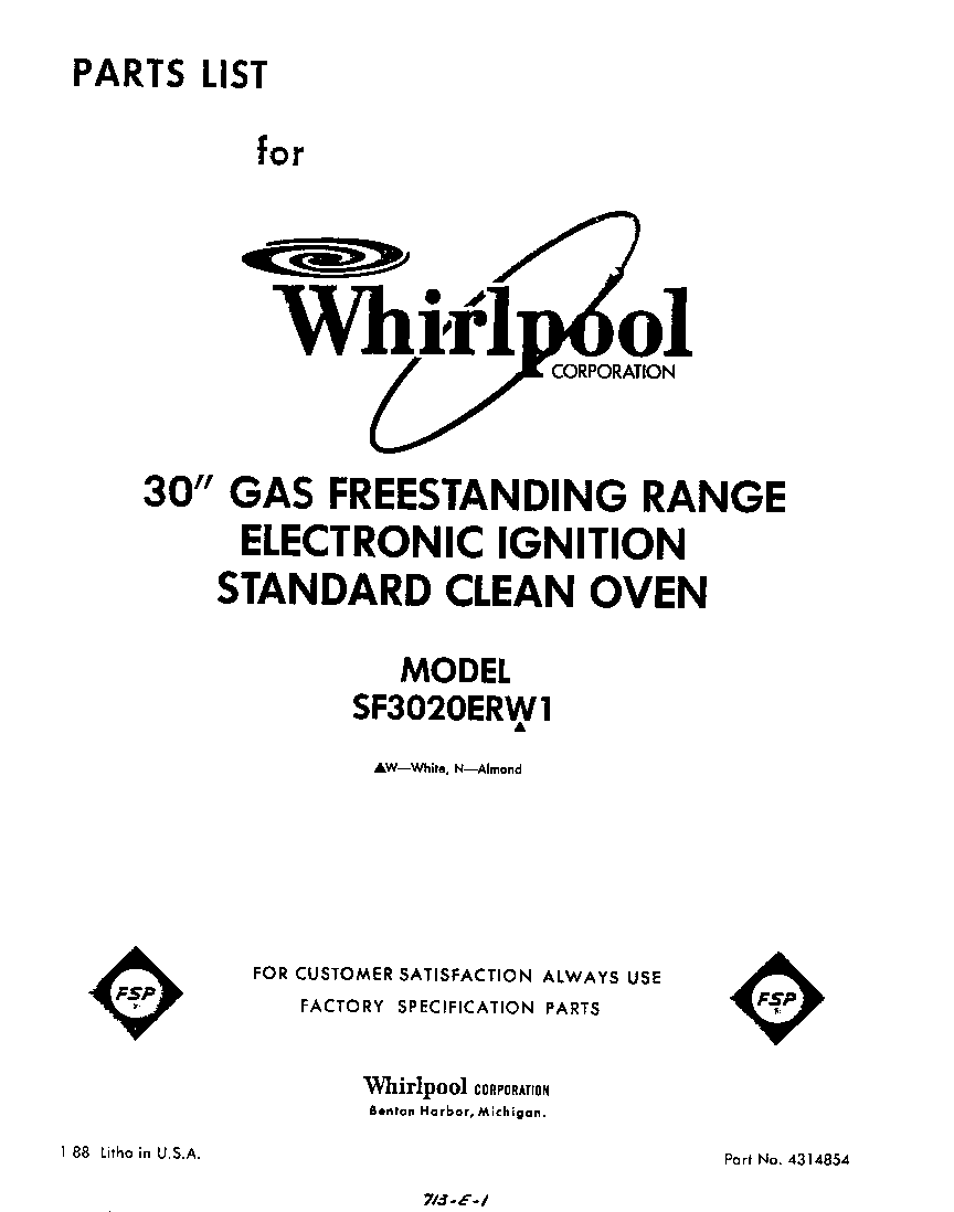 Whirlpool SF3020ERW1 front cover diagram