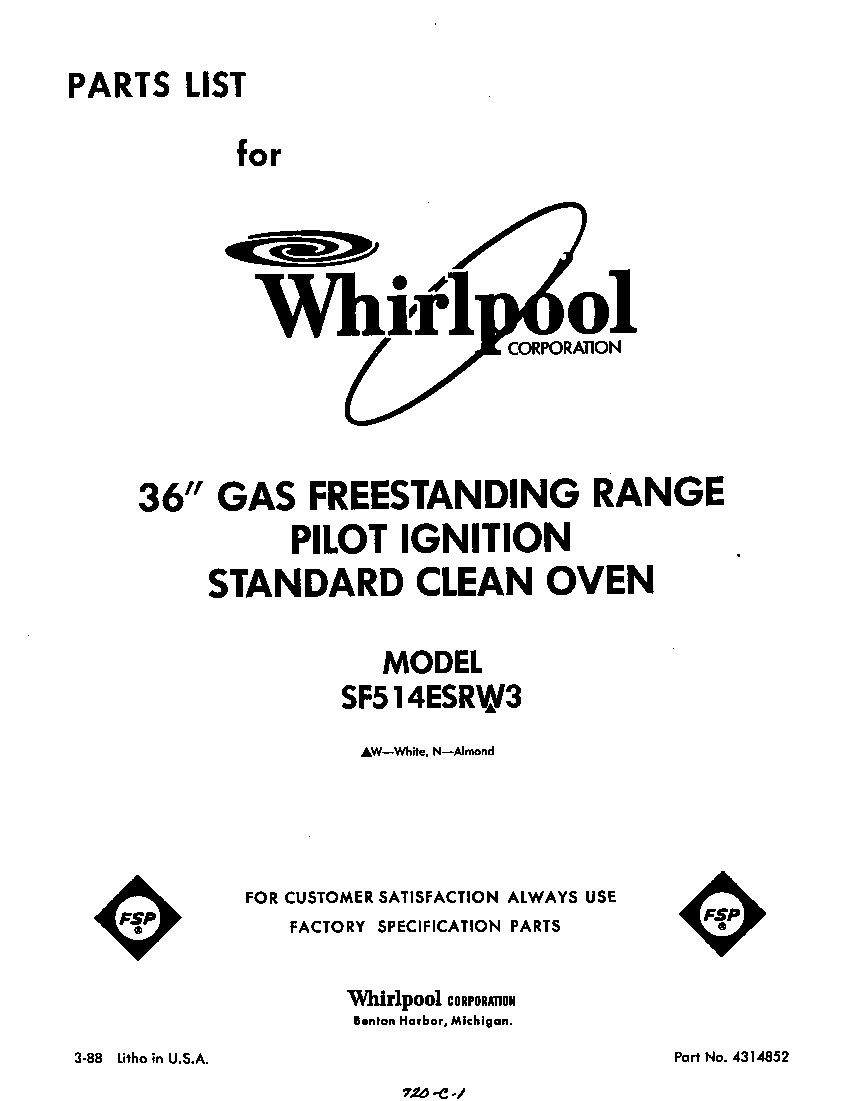 Whirlpool SF514ESRW3 front cover diagram