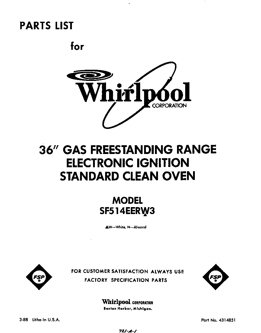 Whirlpool SF514EERW3 front cover diagram