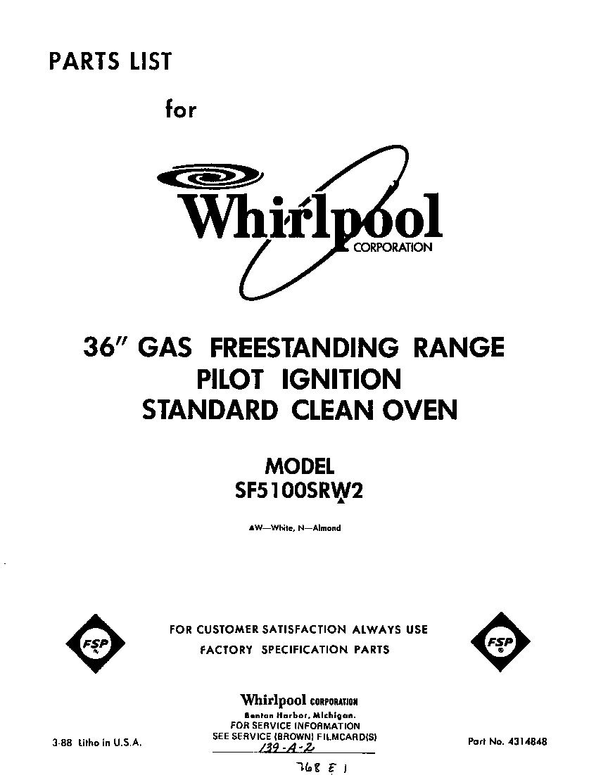 Whirlpool SF5100SRW2 front cover diagram