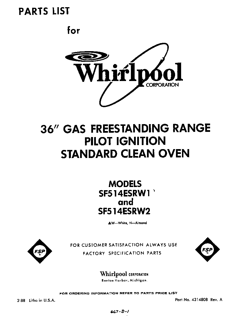 Whirlpool SF514ESRW2 front cover diagram