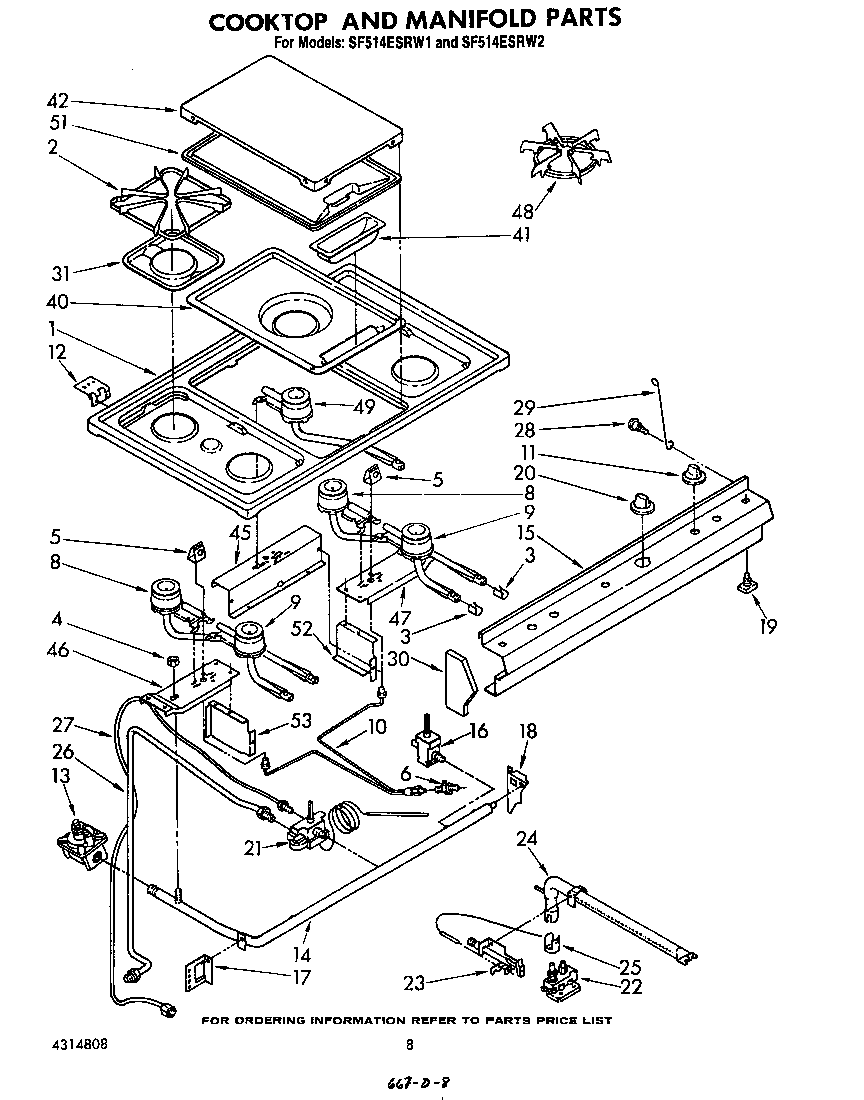Whirlpool SF514ESRW2 cooktop and manifold diagram