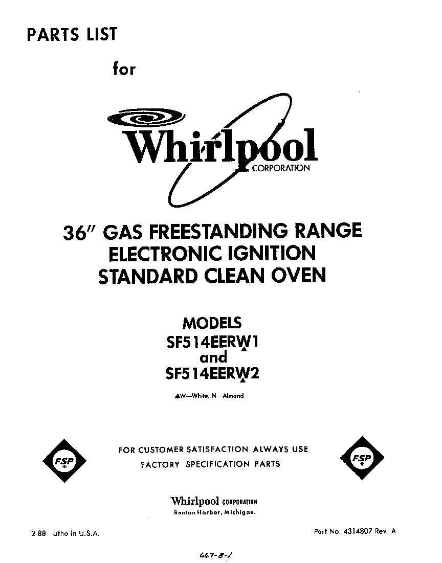 Whirlpool SF514EERW2 front cover diagram