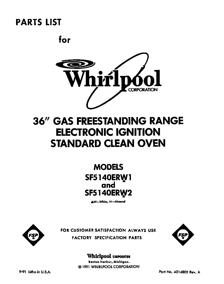 Whirlpool SF5140ERW1 front cover diagram