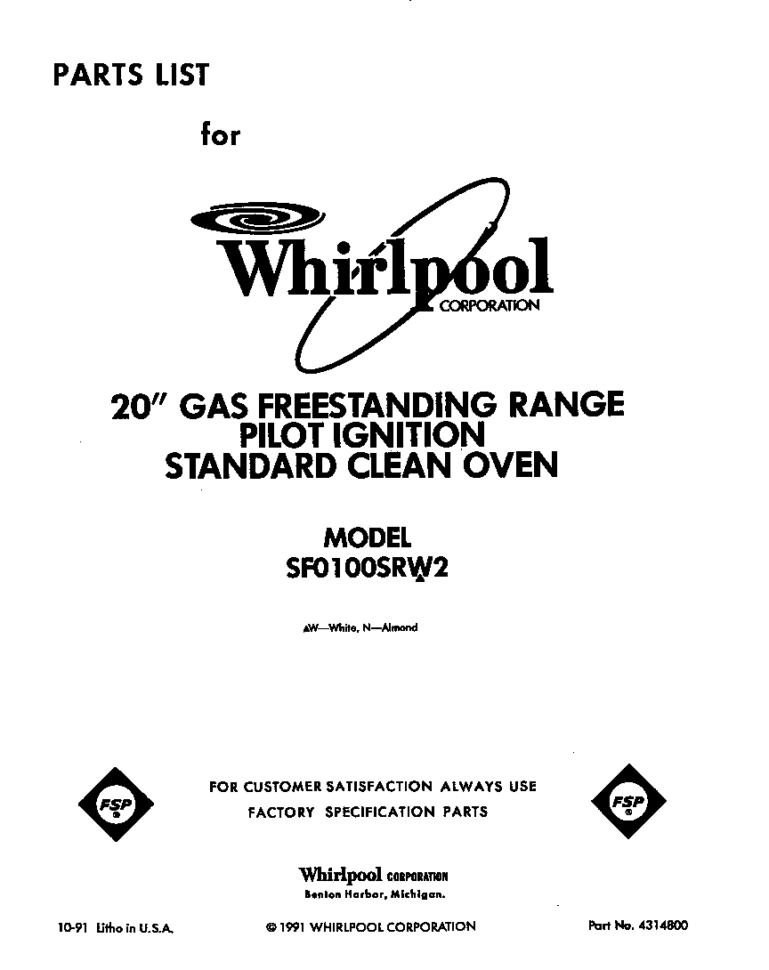 Whirlpool SF0100SRW2 front cover diagram