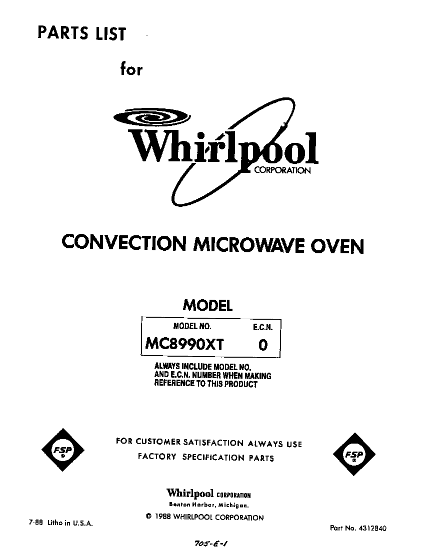 Whirlpool MC8990XT0 front cover diagram