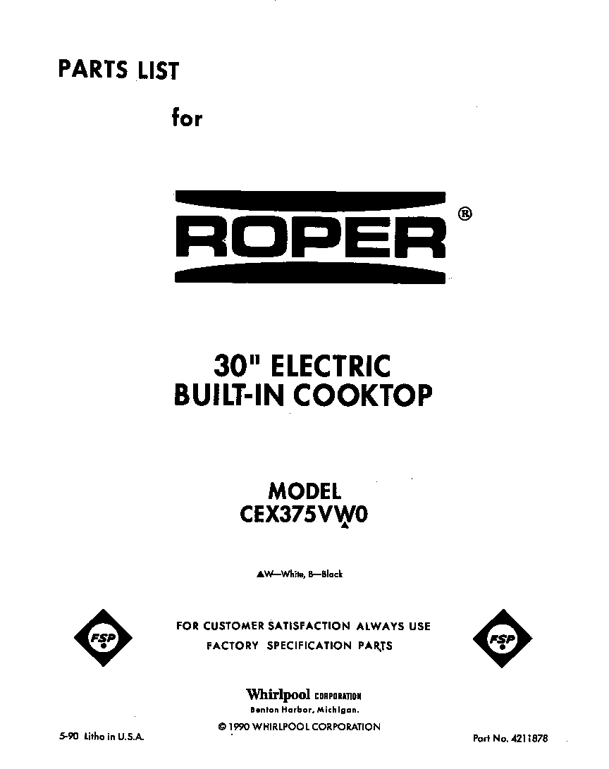 Roper CEX375VW0 cover page diagram