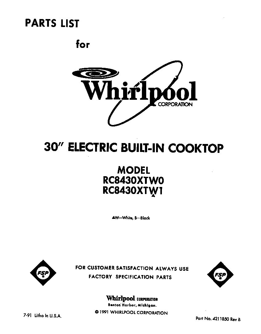 Whirlpool RC8430XTW0 cover page diagram