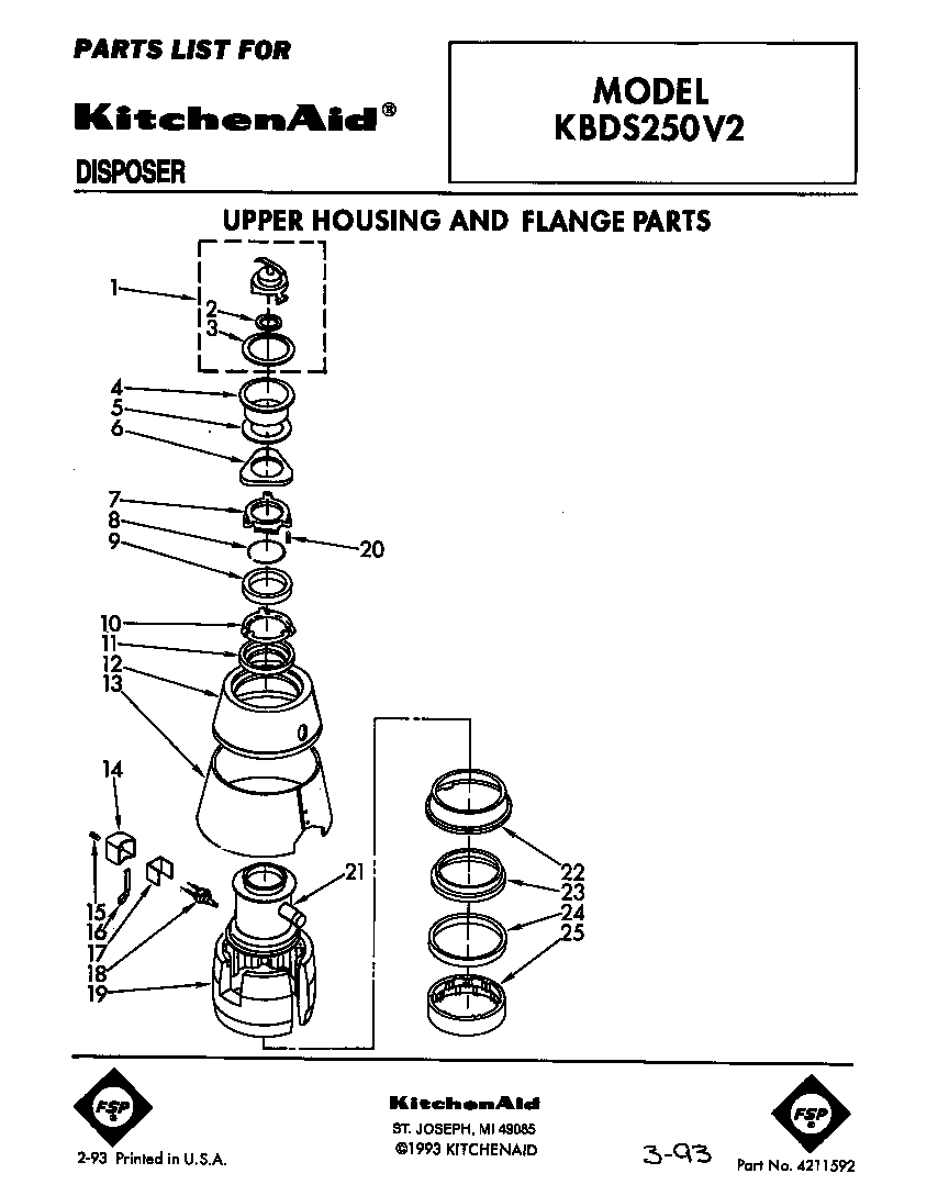 KitchenAid KBDS250V2 upper housing and flange diagram