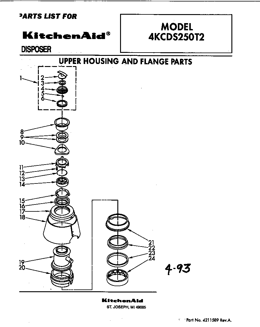 KitchenAid 4KCDS250T2 upper housing and flange diagram