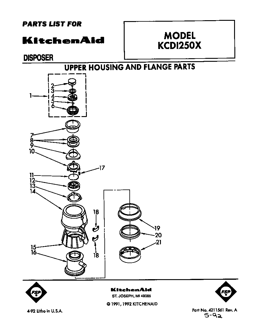 KitchenAid KCDI250X upper housing and flange diagram