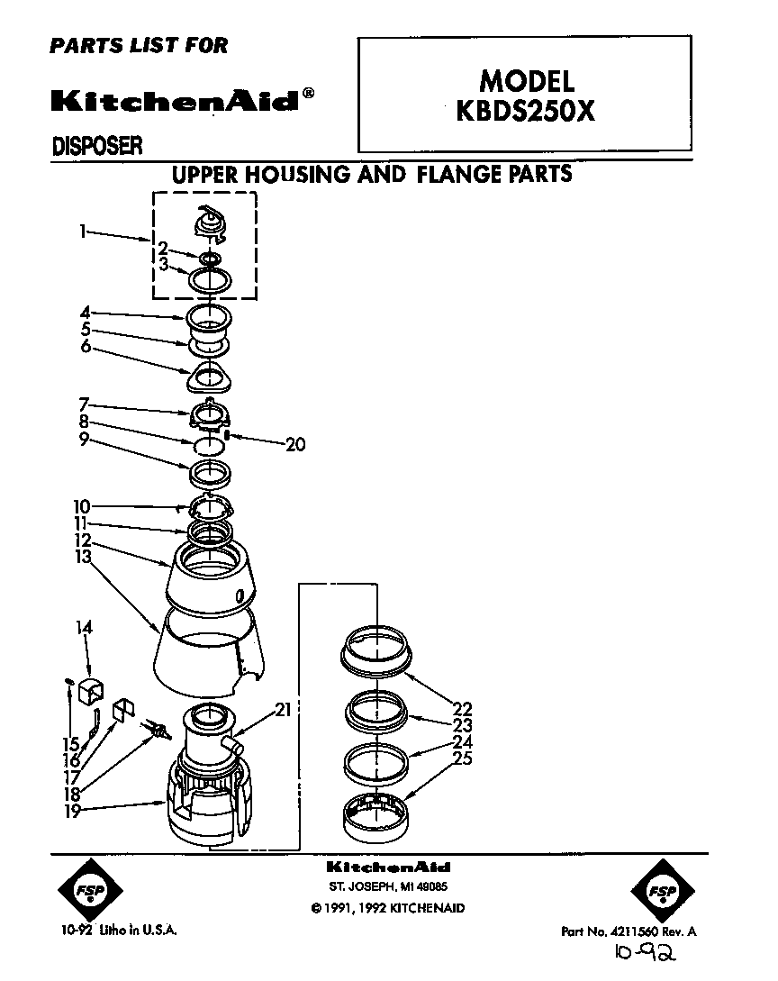 KitchenAid KBDS250X upper housing and flange diagram