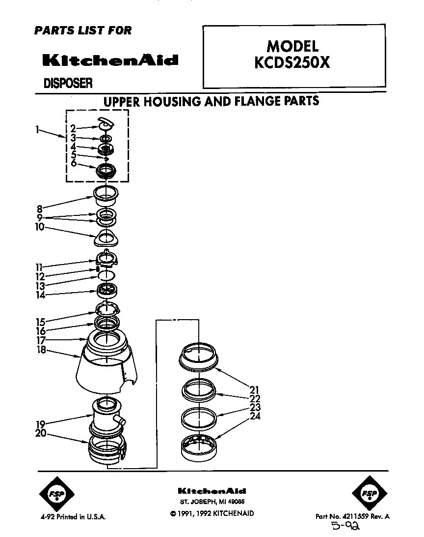 KitchenAid KCDS250X upper housing and flange diagram