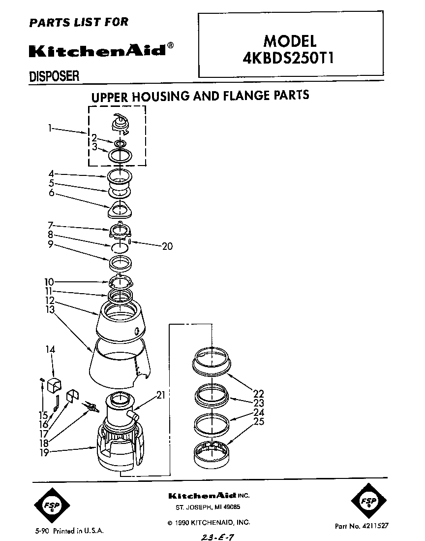 KitchenAid 4KBDS250T1 upper housing and flange diagram