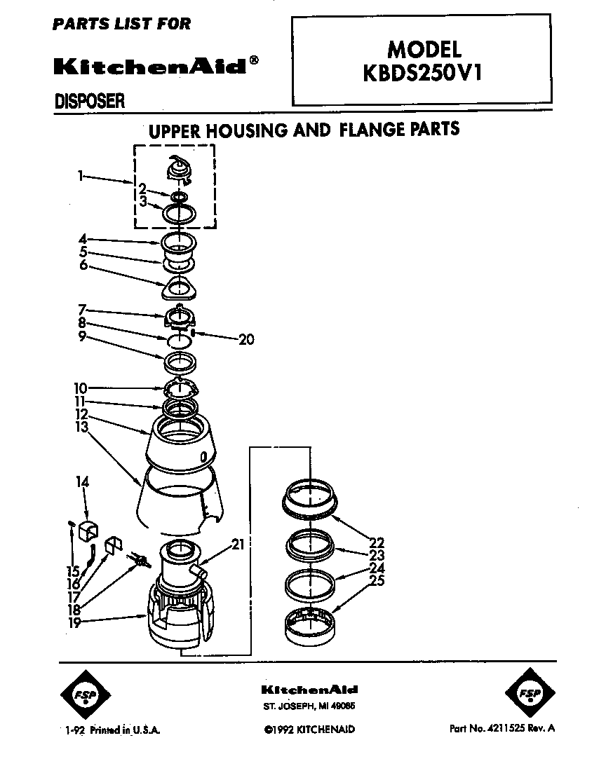 KitchenAid KBDS250V1 upper housing and flange diagram