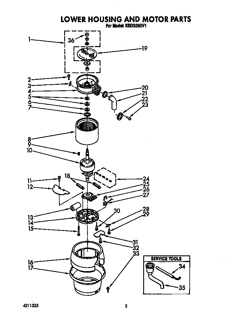 KitchenAid KBDS250V1 lower housing and motor diagram