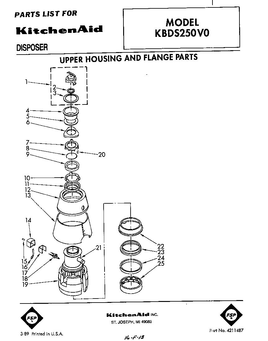 KitchenAid KBDS250V0 upper housing and flange diagram