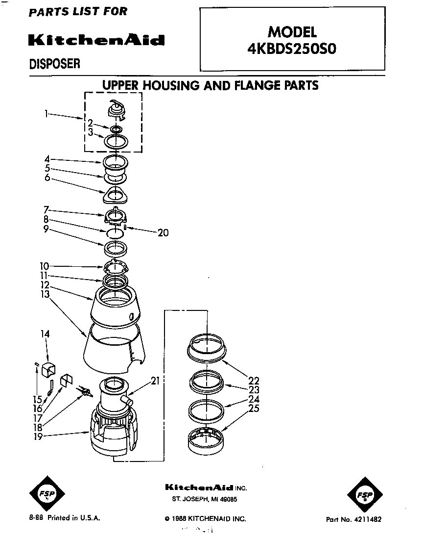 KitchenAid 4KBDS250S0 upper housing and flange diagram