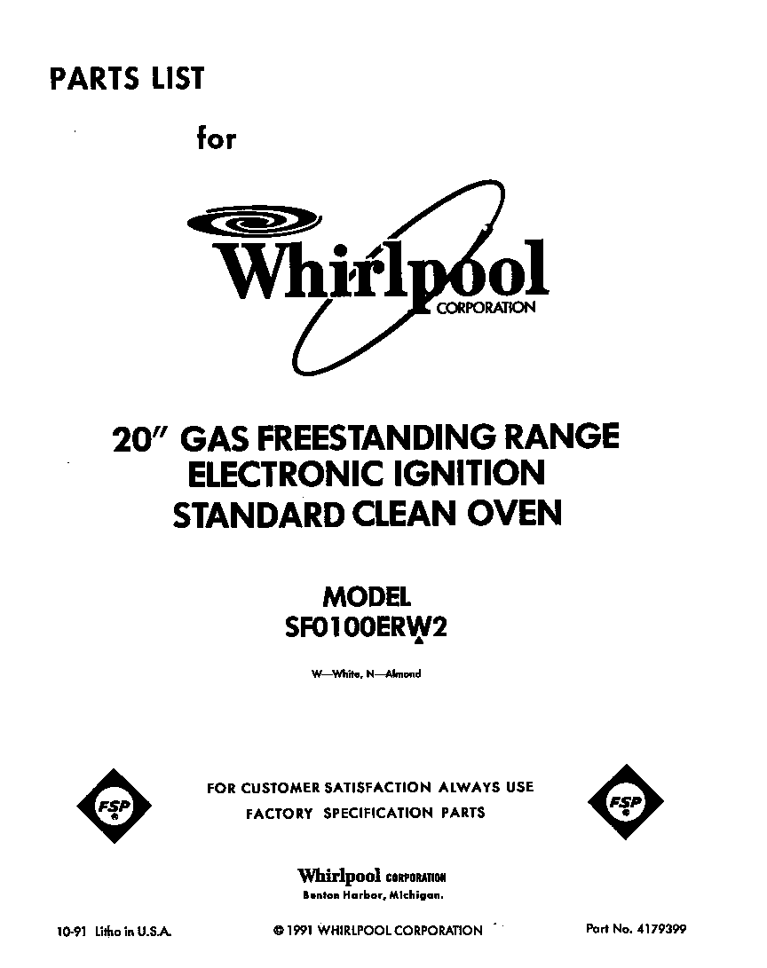 Whirlpool SF0100ERW2 front cover diagram