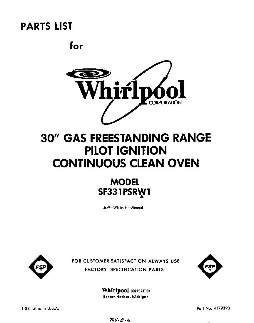 Whirlpool SF331PSRW1 front cover diagram