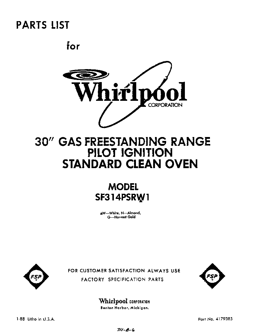 Whirlpool SF314PSRW1 front cover diagram