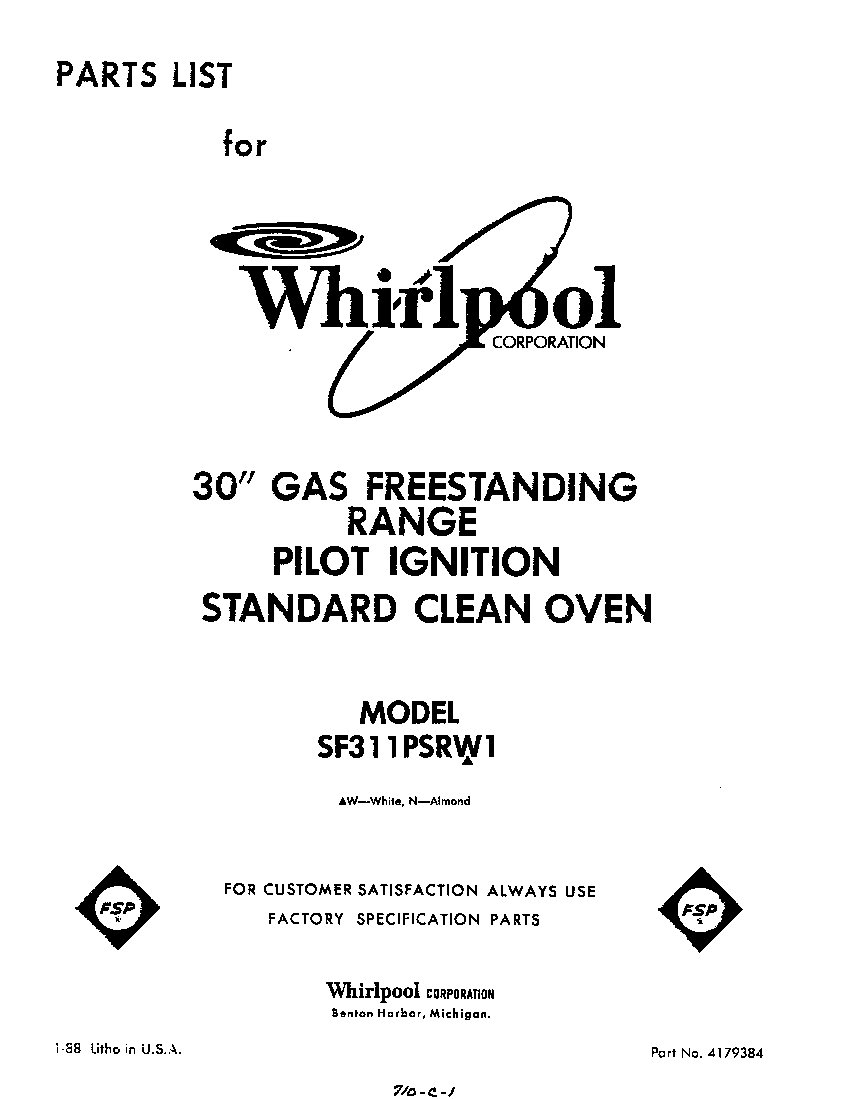 Whirlpool SF311PSRW1 front cover diagram