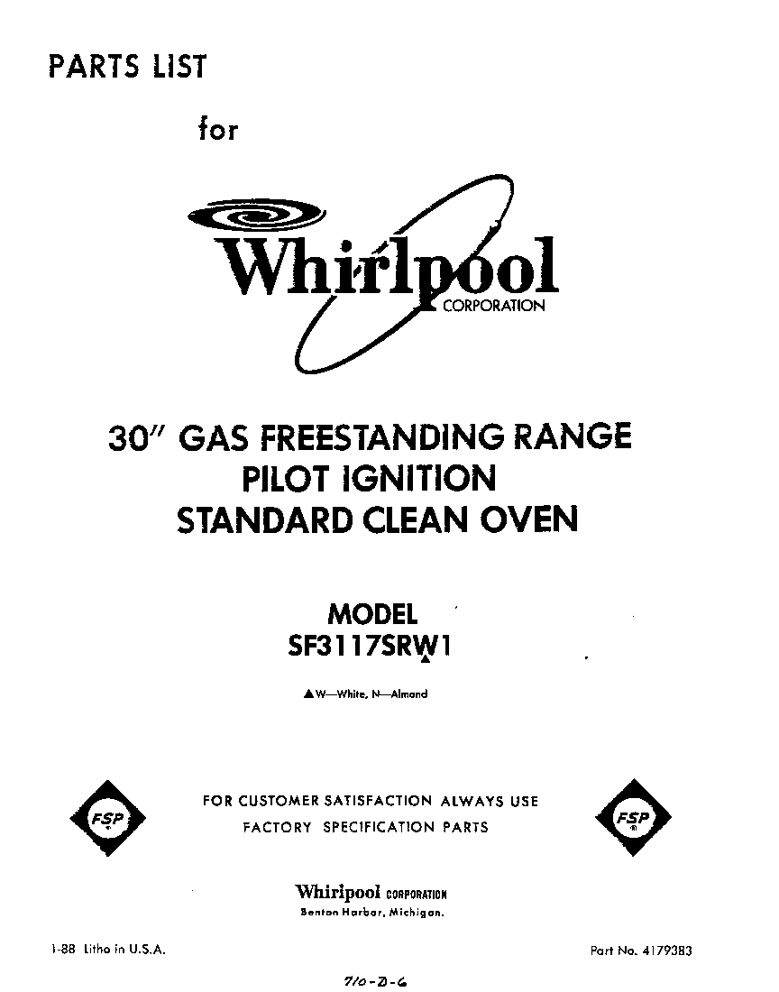 Whirlpool SF3117SRW1 front cover diagram