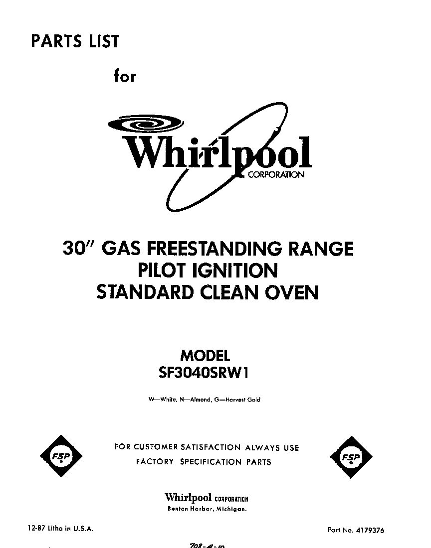 Whirlpool SF3040SRW1 front cover diagram