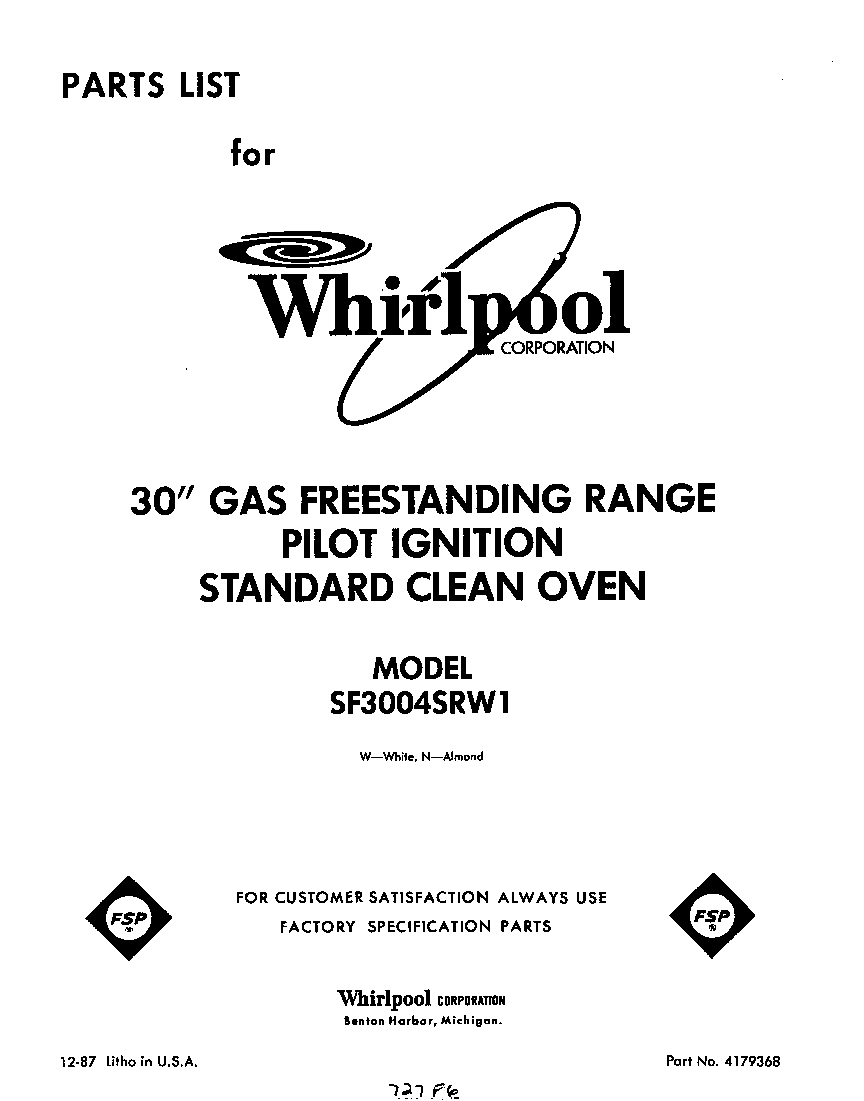 Whirlpool SF3004SRW1 front cover diagram