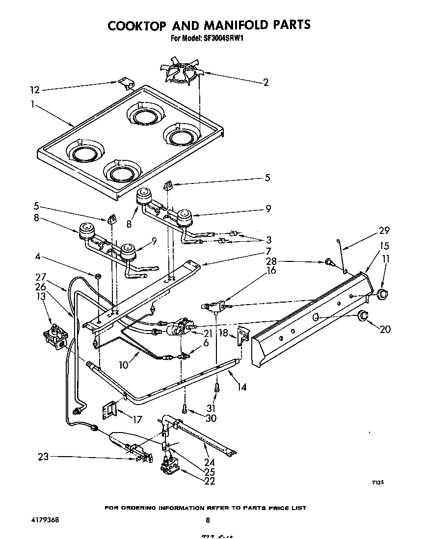 Whirlpool SF3004SRW1 cooktop and manifold diagram