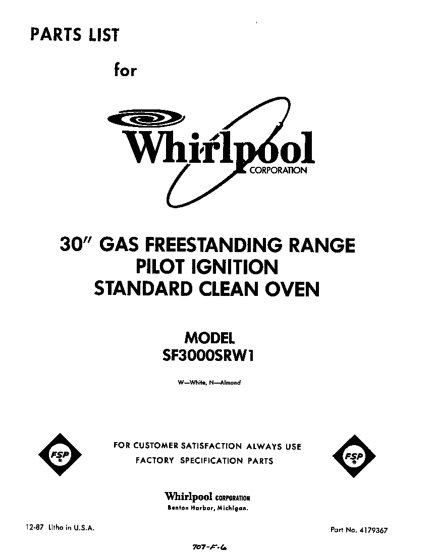 Whirlpool SF3000SRW1 front cover diagram