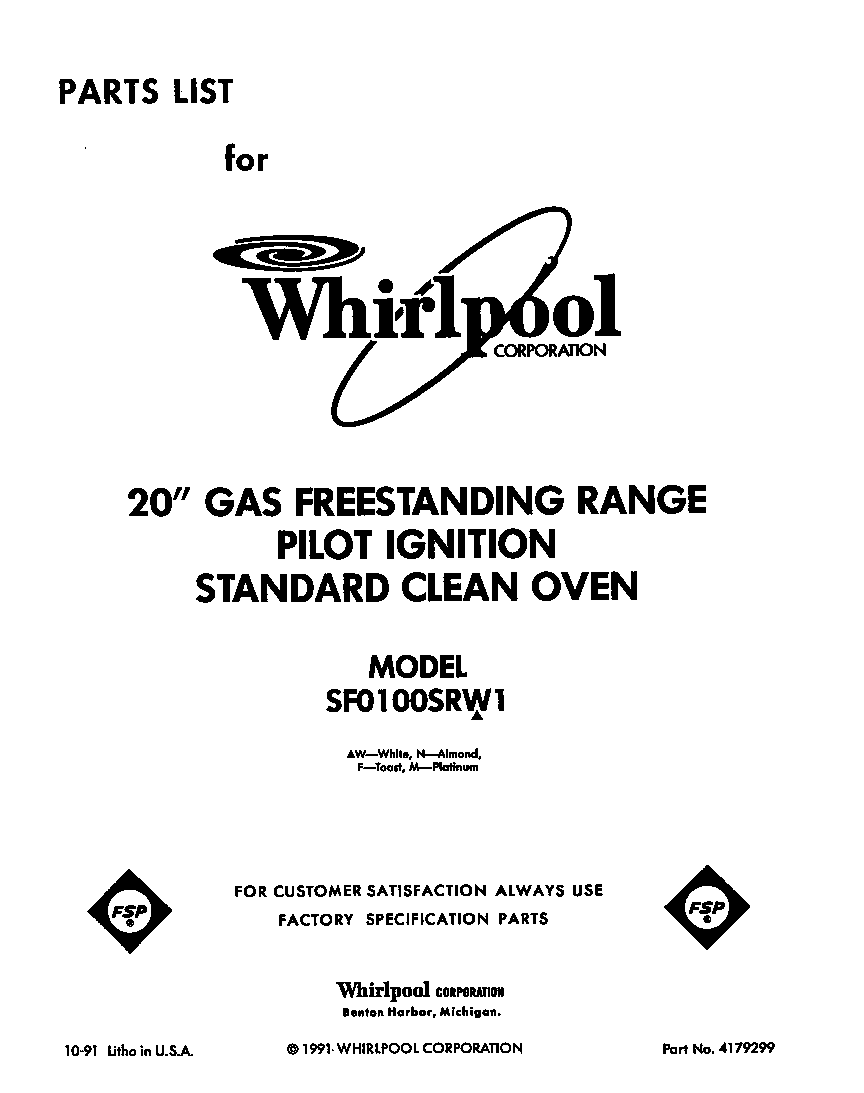Whirlpool SF0100SRW1 front cover diagram