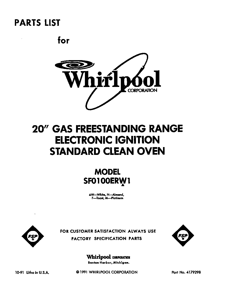Whirlpool SF0100ERW1 front cover diagram