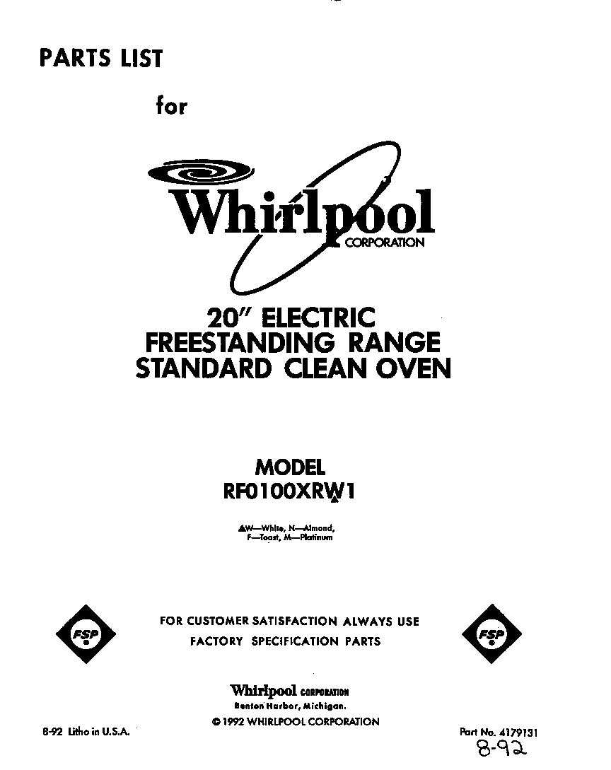 Whirlpool RF0100XRW1 front cover diagram