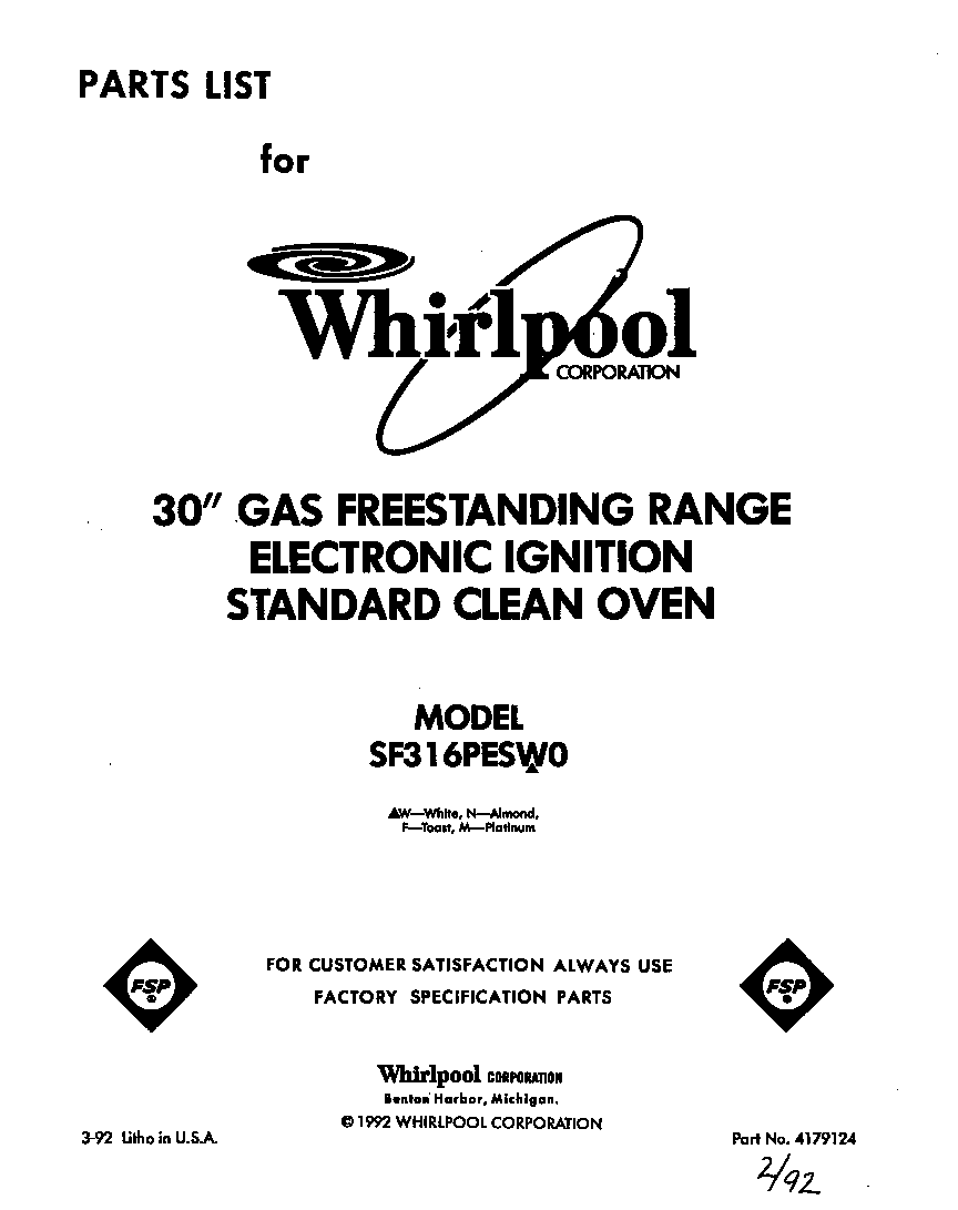 Whirlpool SF316PESW0 front cover diagram
