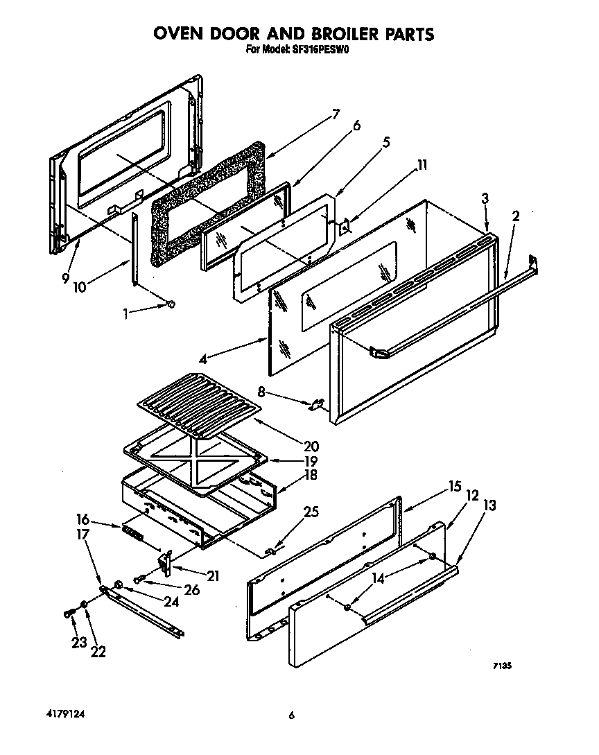 Whirlpool SF316PESW0 oven door and broiler diagram