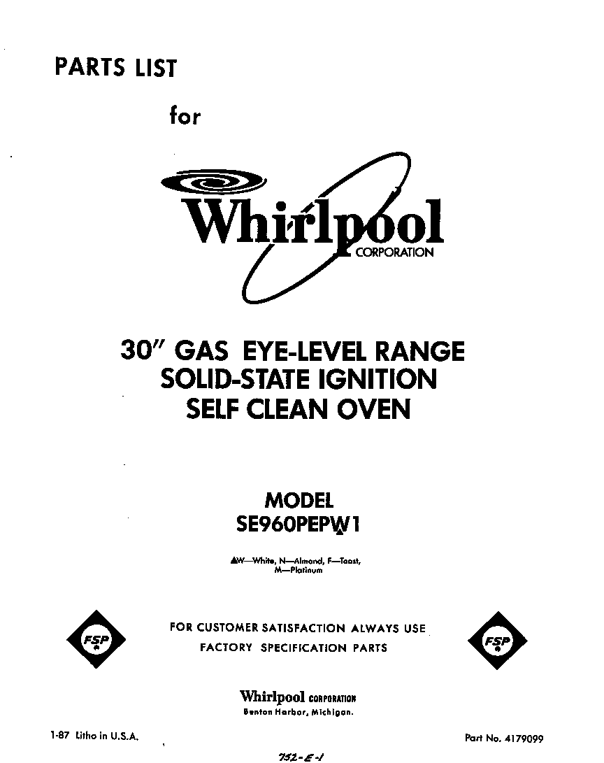 Whirlpool SE960PEPW1 front cover diagram