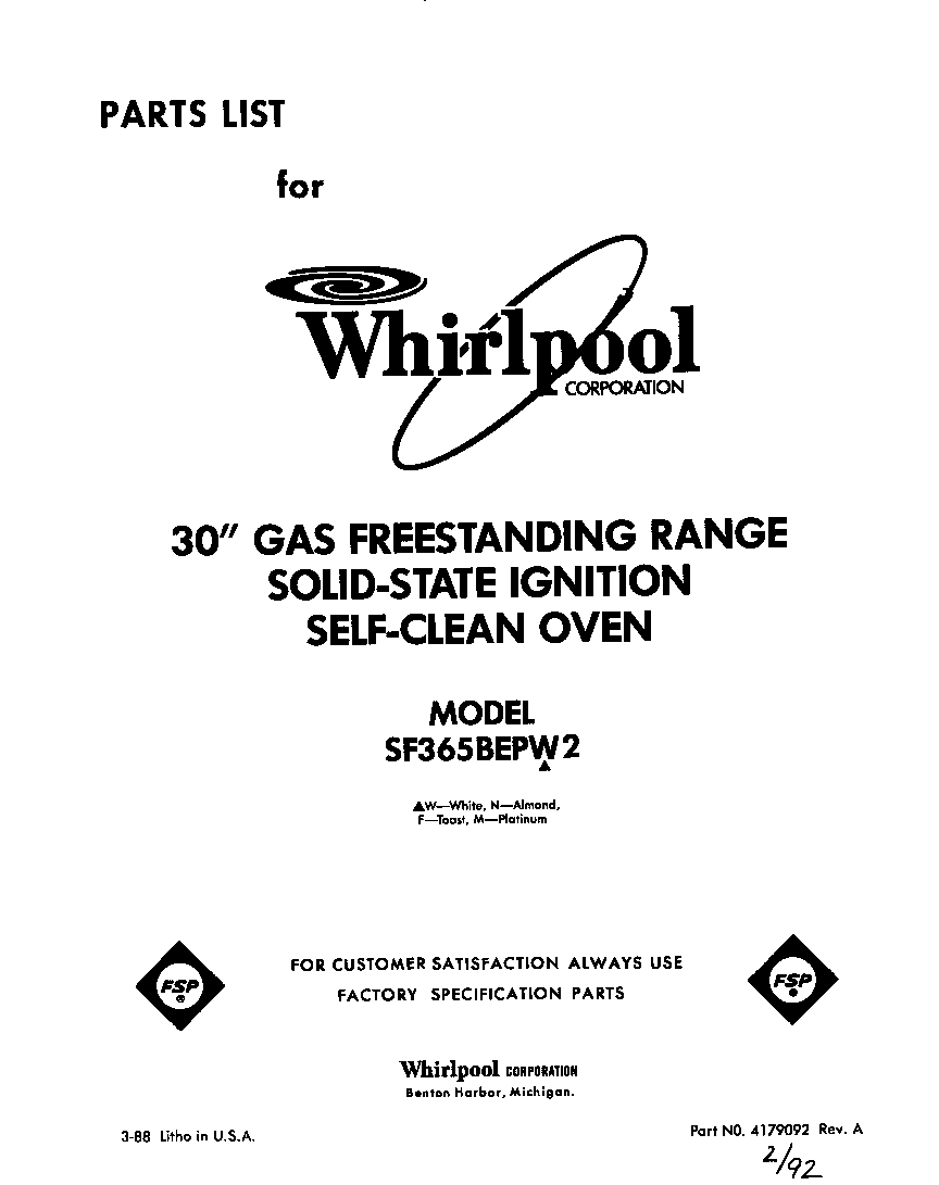 Whirlpool SF365BEPW2 front cover diagram