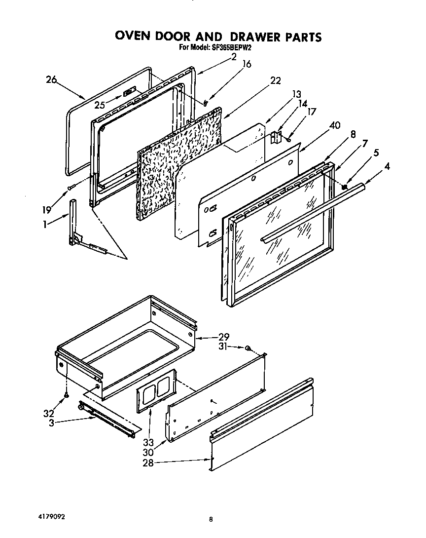 Whirlpool SF365BEPW2 oven door and drawer diagram