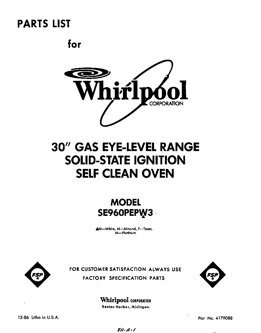 Whirlpool SE960PEPW3 front cover diagram